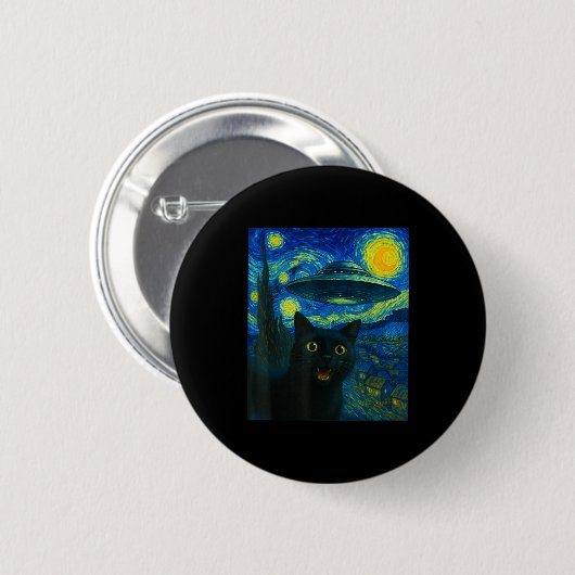 Cat Selfie With Alien Ufo Night Van Gogh Men Women Button (Vorne & Hinten)