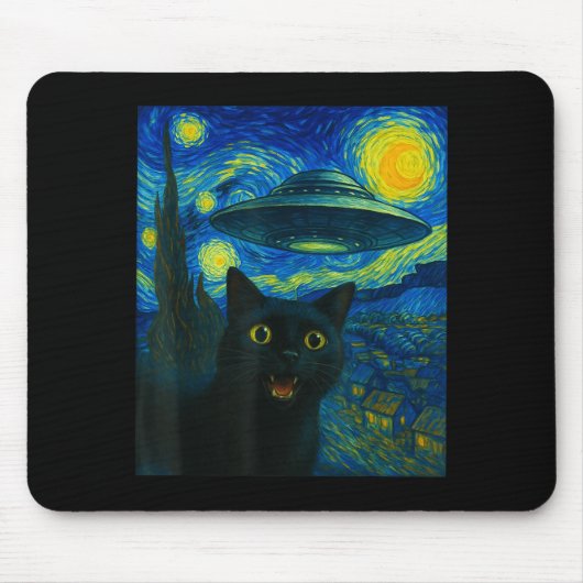 Cat Selfie With Alien Ufo Night Van Gogh Men Women Mousepad (Vorne)