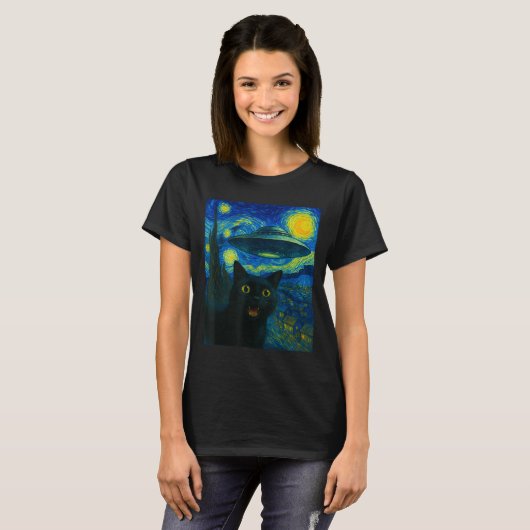 Cat Selfie With Alien Ufo Night Van Gogh Men Women T-Shirt (Vorne ganz)
