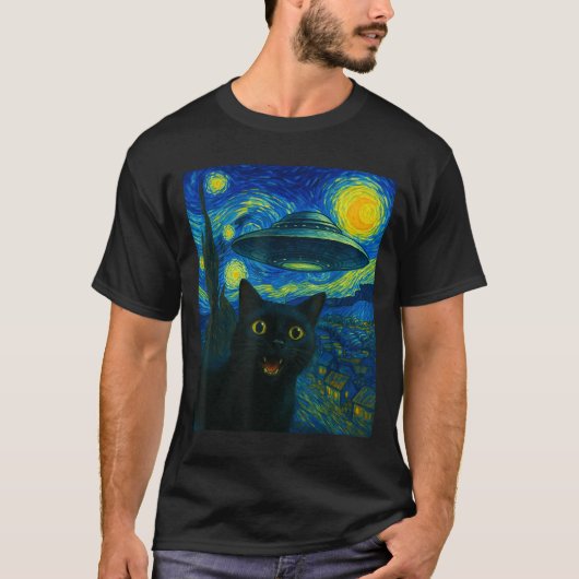 Cat Selfie With Alien Ufo Night Van Gogh Men Women T-Shirt (Vorderseite)