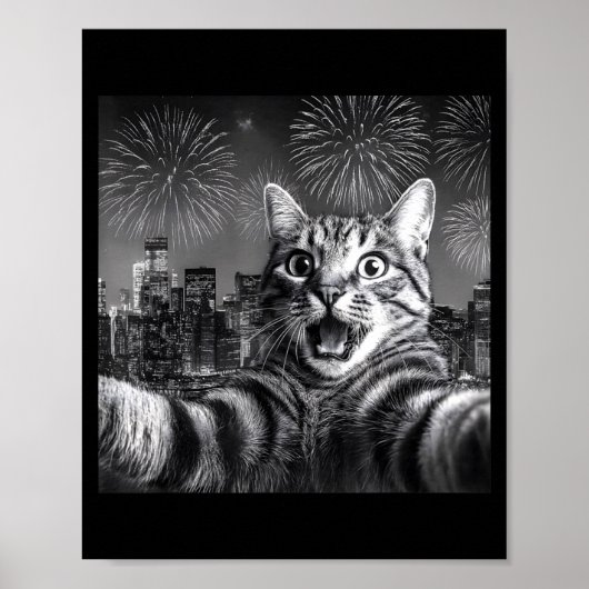 Cat Selfie With Firework In The City Funny Happy N Poster (Vorne)