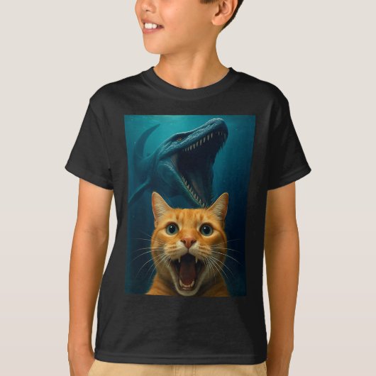 Cat Selfie With Mosasaurus Dinosaur For Boys Kids T-Shirt (Vorderseite)