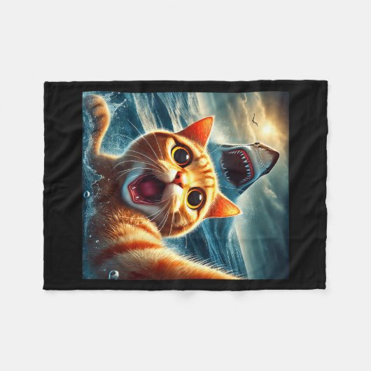 Cat Selfie With Shark Funny Fleecedecke (Vorderseite (Horizontal))