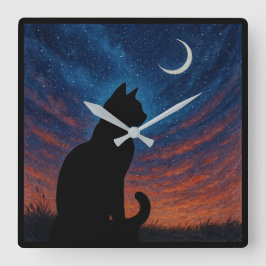 Cat Silhouette - Crescent Moon Night Sky Quadratische Wanduhr