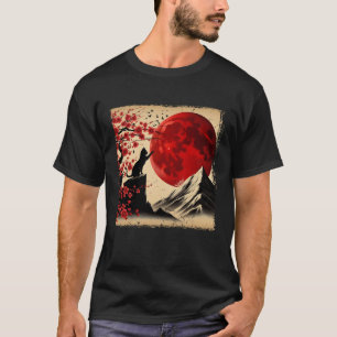 Cat Silhouette Kirsche Blüten Roter Mond Japanisch T-Shirt