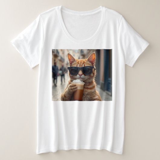 Cat Sipping Coffee On A Street Große Größe T-Shirt (Design vorne)