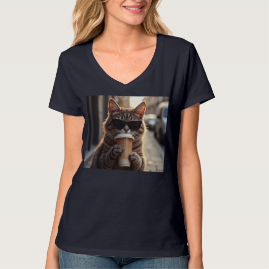 Cat Sipping Coffee On A Street T-Shirt (Vorderseite)