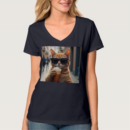 Cat Sipping Coffee On A Street T-Shirt (Vorderseite)