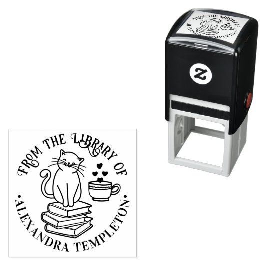 Cat Sitting on Books #3, Coffee Tasse Library Name Permastempel (Beispiel)