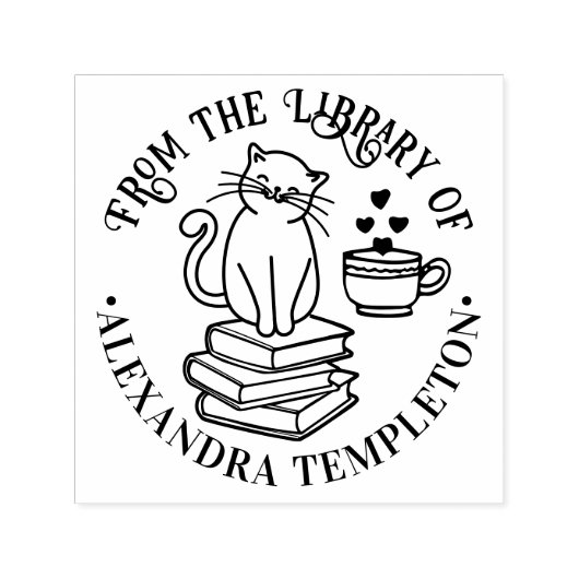 Cat Sitting on Books #3, Coffee Tasse Library Name Permastempel (Design)