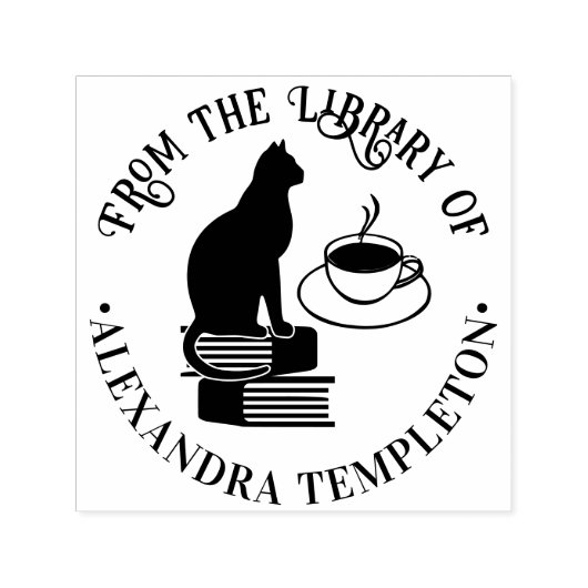 Cat Sitting on Books, Coffee Library Book Name Permastempel (Design)