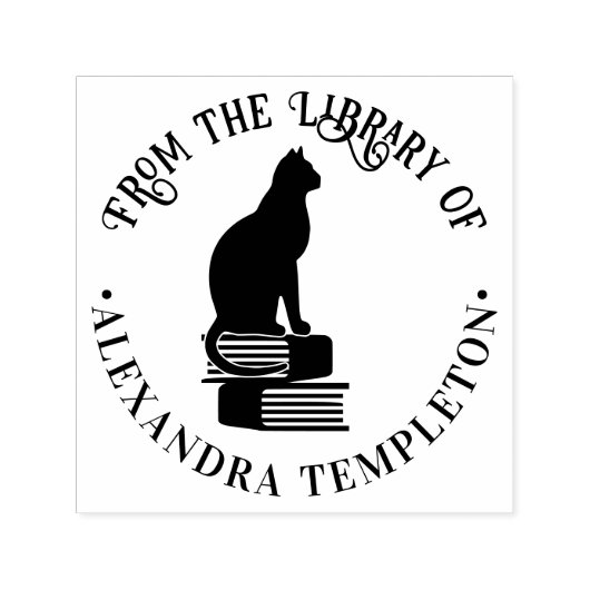 Cat Sitting on Books "From the Library" Name Permastempel (Design)