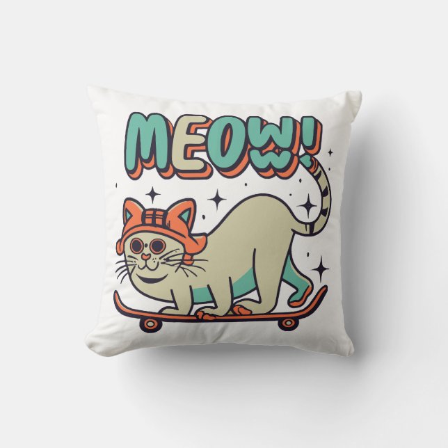 Cat Skaten Meow Kissen (Vorderseite)