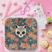 Cat Skull Orange Floral Dark Green Pappteller (Party)