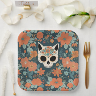 Cat Skull Orange Floral Dark Green Pappteller