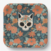 Cat Skull Orange Floral Dark Green Pappteller (Vorderseite)