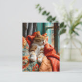 Cat Sleeping by Window with Pillow and Blanket Postkarte (Stehend Vorderseite)