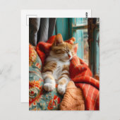 Cat Sleeping by Window with Pillow and Blanket Postkarte (Vorne/Hinten)