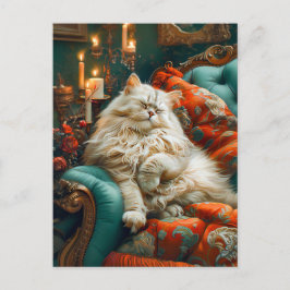 Cat Sleeping on Cozy Chair by Candlelight Postkarte