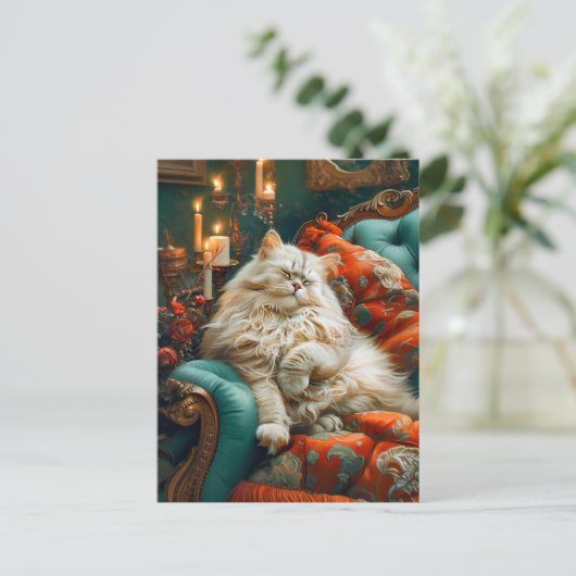 Cat Sleeping on Cozy Chair by Candlelight Postkarte (Stehend Vorderseite)
