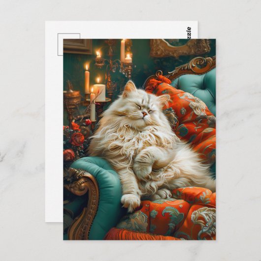 Cat Sleeping on Cozy Chair by Candlelight Postkarte (Vorne/Hinten)