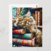 Cat Sleeping on Pile of Books Postkarte (Vorne/Hinten)