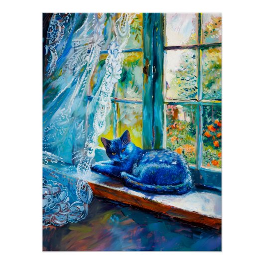 Cat Sleeping on Window Ledge Poster (Vorderseite)