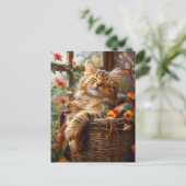 Cat Sleeping on Window Sill Among Flower Postkarte (Stehend Vorderseite)