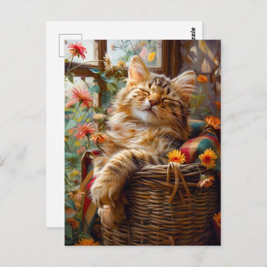 Cat Sleeping on Window Sill Among Flower Postkarte (Vorne/Hinten)
