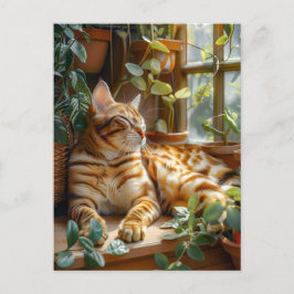 Cat Sleeping on Window Sill Among Flower Vines Postkarte