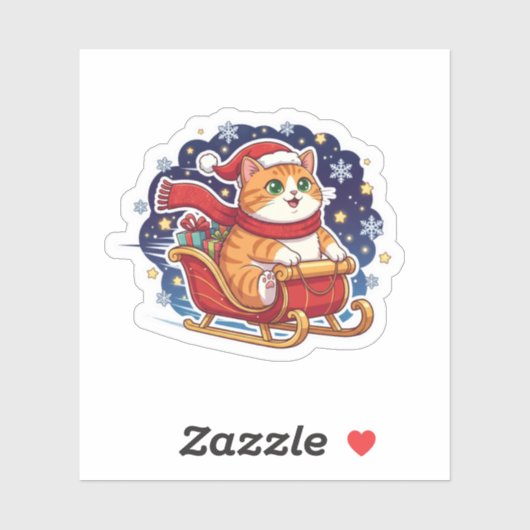 Cat Sleigh Ride Cute Christmas Snowy Sky Sticker (Blatt)