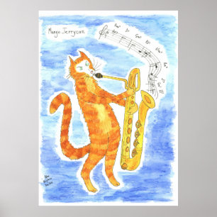 Cat spielt Baritone Saxophone "Riesenschritte" Poster