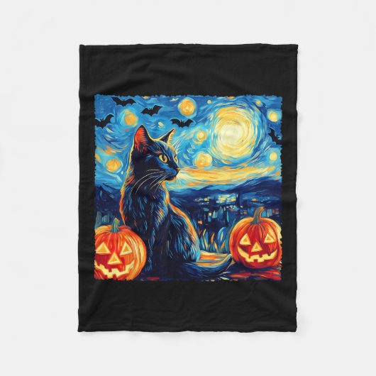 Cat Starry Night Van Gogh Cat Lover Bats Pumpkins Fleecedecke (Vorderseite)