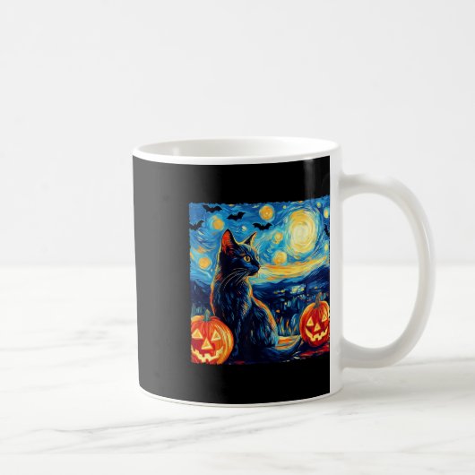 Cat Starry Night Van Gogh Cat Lover Bats Pumpkins Kaffeetasse (Rechts)