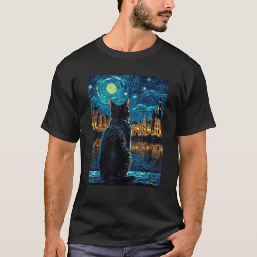 Cat Starry Night Van Gogh Geschenk für Katze Mama T-Shirt (Vorderseite)