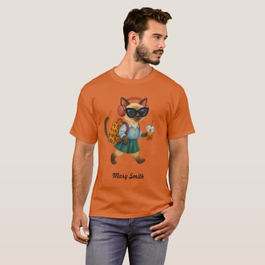 Cat Student Back to School Head phone bubble tea T-Shirt (Vorne ganz)