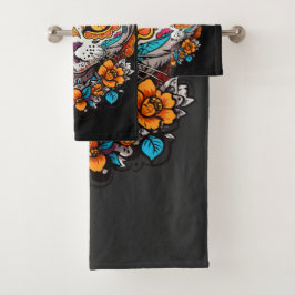 Cat Sugar Skull Halloween, Dia de los Muertos Badhandtuch Set