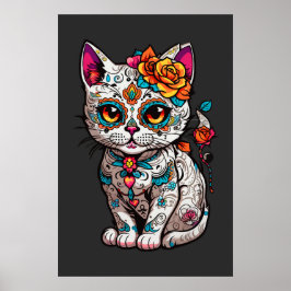 Cat Sugar Skull Halloween, Dia de los Muertos Poster