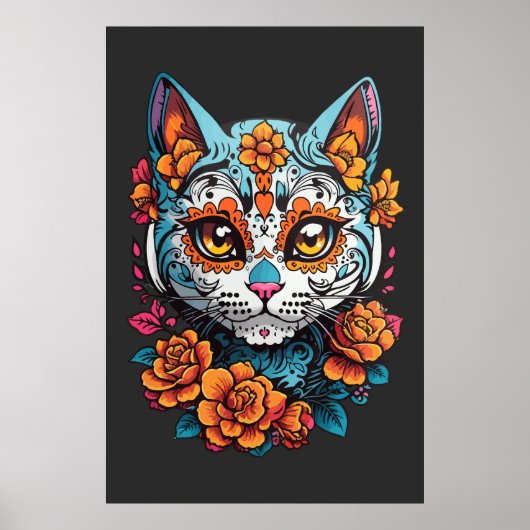 Cat Sugar Skull Halloween, Dia de los Muertos Poster (Vorne)