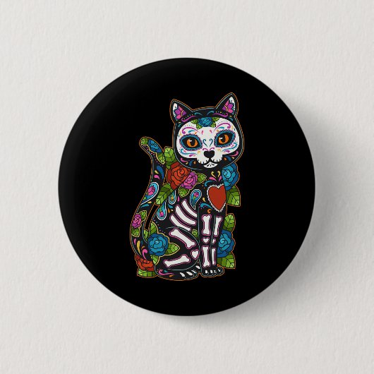 Cat Sugar Skull Mexico Calavera Dia De Los Muertos Button (Vorderseite)