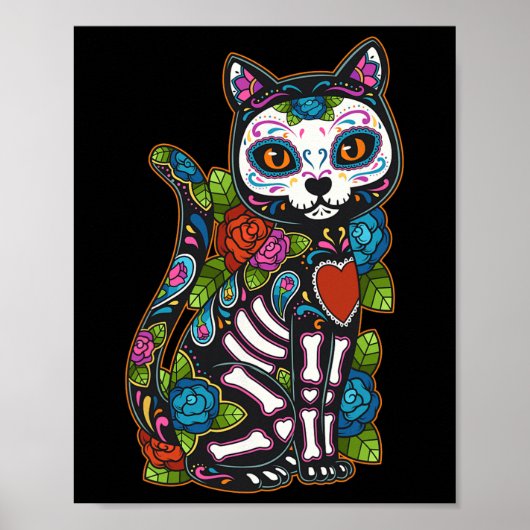 Cat Sugar Skull Mexico Calavera Dia De Los Muertos Poster (Vorne)