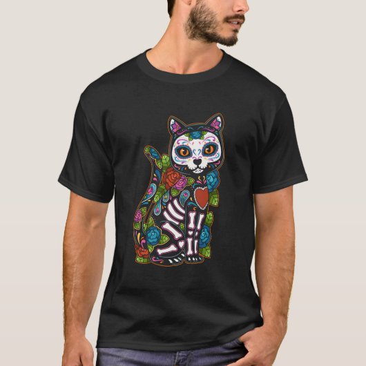 Cat Sugar Skull Mexico Calavera Dia De Los Muertos T-Shirt (Vorderseite)