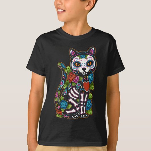 Cat Sugar Skull Mexico Calavera Dia De Los Muertos T-Shirt (Vorderseite)