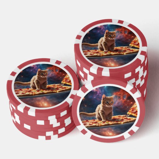 Cat surfen eine Pizza im Kosmos Pokerchips (Stapel)