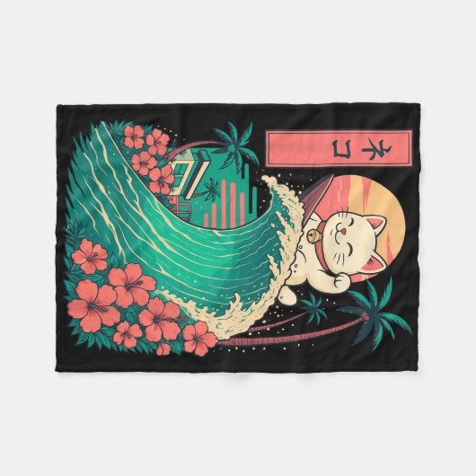 Cat Surfing Japanese _1  Fleecedecke (Vorderseite (Horizontal))