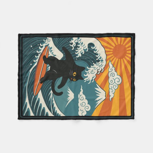 Cat Surfing Japanese _2  Fleecedecke (Vorderseite (Horizontal))