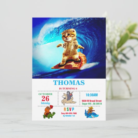 Cat Surfpizza Einladung (Stehend Vorderseite)