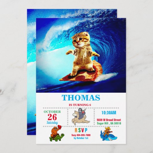 Cat Surfpizza Einladung (Vorne/Hinten)