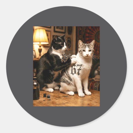 Cat Tattoo Artist 67 Six Seven Seis Siete Brain Ro Runder Aufkleber (Vorderseite)