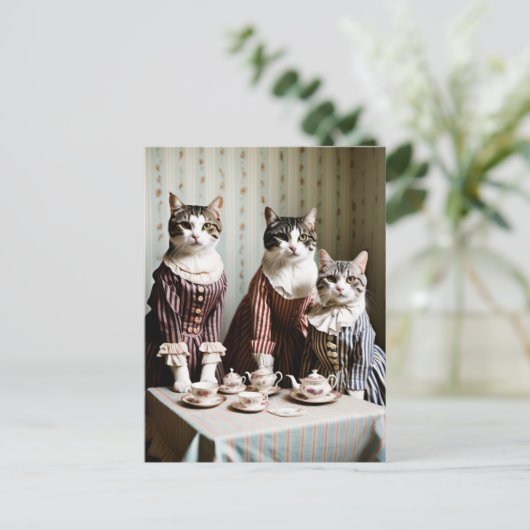 Cat Tea Party Postkarte (Stehend Vorderseite)